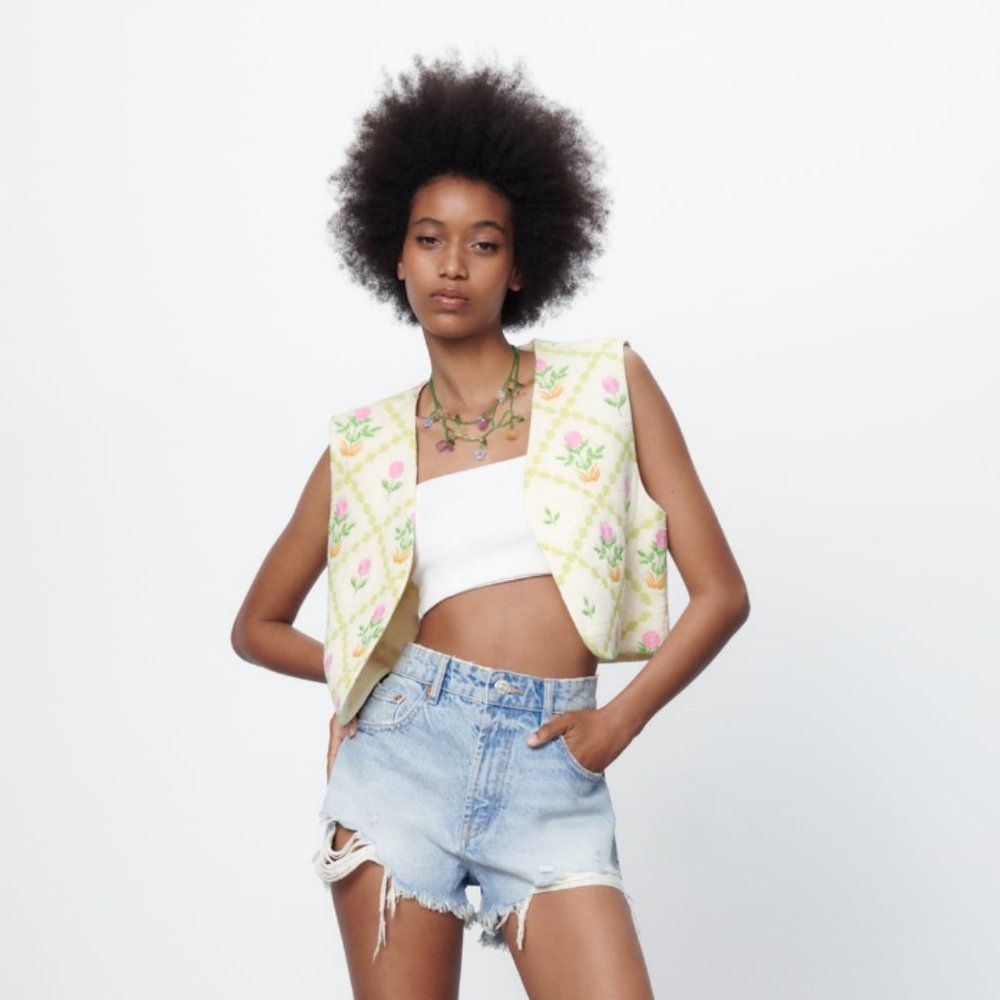 ZARA QUILTED EMBROIDERED FLORAL PRINT VEST WAISTCOAT JACKET M-L
